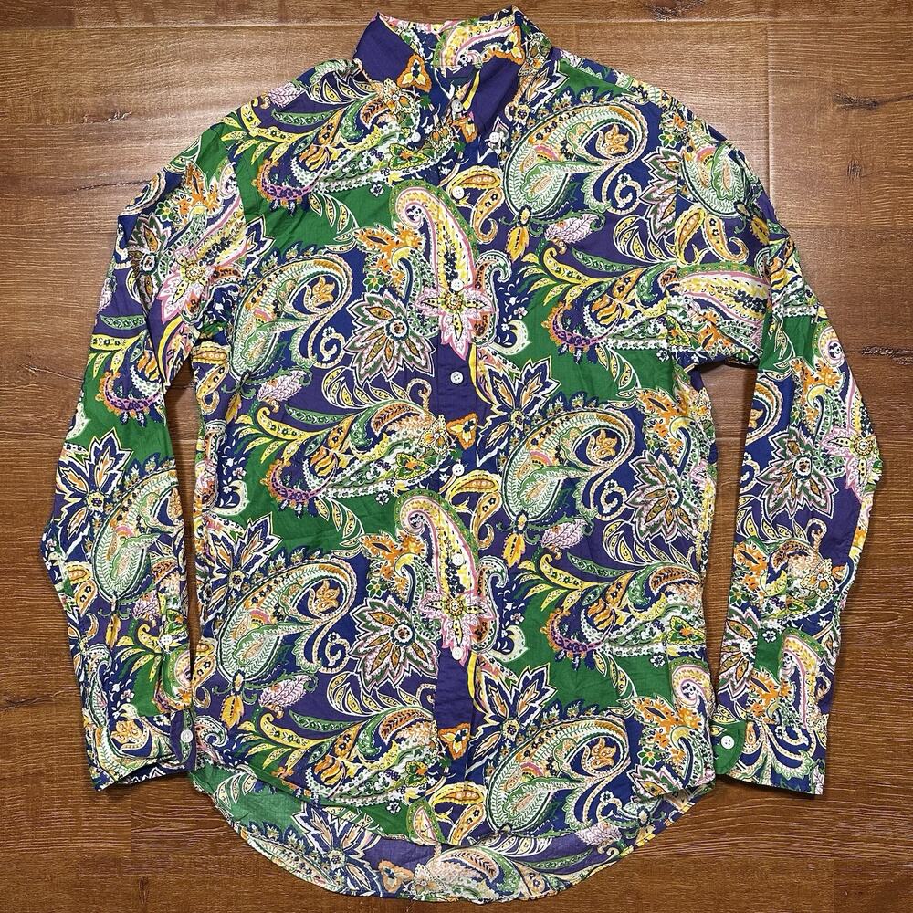 Vintage Ralph Lauren Button Up Shirt Mens M Purple Green Paisley Designer Polo
